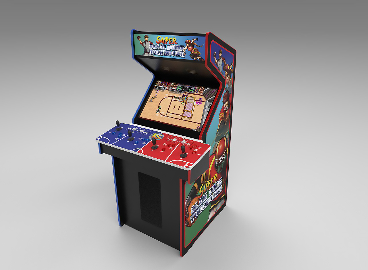 The Super Slam Dunk Touchdown: Arcade Edition cabinet is shown with a match running on the screen. It is a simulated view, existing in a void of marketing.