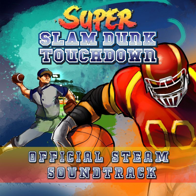 Official Steam Soundtrack cover for Super Slam Dunk Touchdown. Shows a Baseball player throwing an American Football, while the American Football player runs towards us, the audience, while holding a basketball.